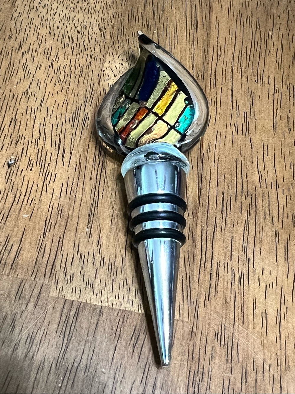 Wine Bottle Stopper Fused Multi-Color Art Glass on Green Decanter Replacement